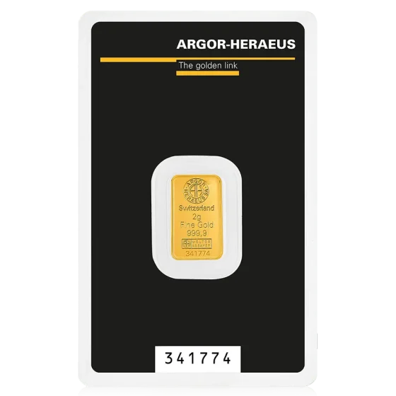 מטיל זהב 2 גרם Argor-Heraeus במארז ביטחון